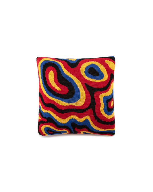 Image of the Psychedelic Pillow Cover with an abstract topographical like pattern make of blue, yellow, red and black. This pillow cover is 100% cotton and measures 18 inches square.