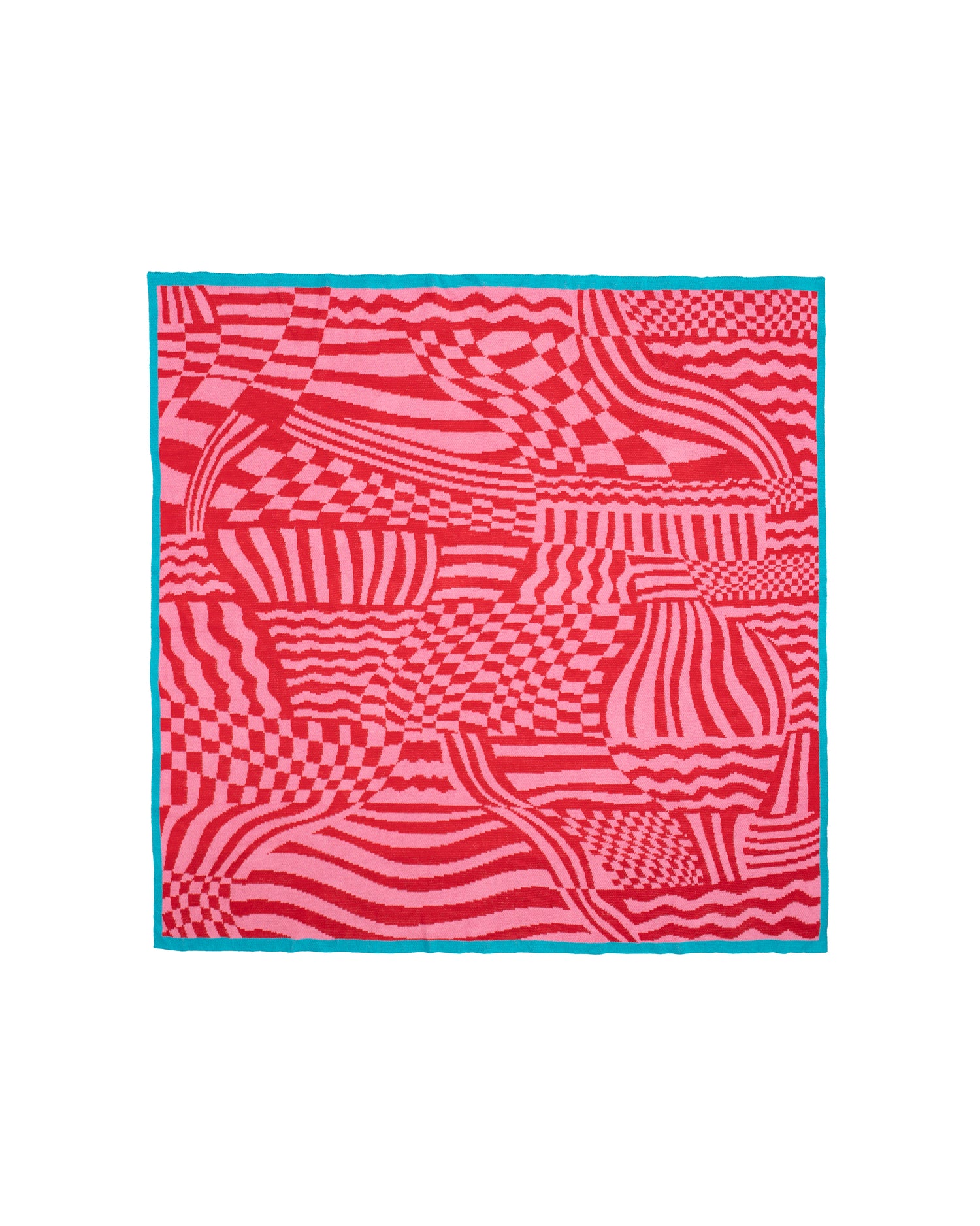 Image of the Wiggles and Waves blanket with a pink and red abstract design consisting of checkerboards, stripes and waves. The border around this blanket is a teal color. Knit blanket that is 60" by 60”.