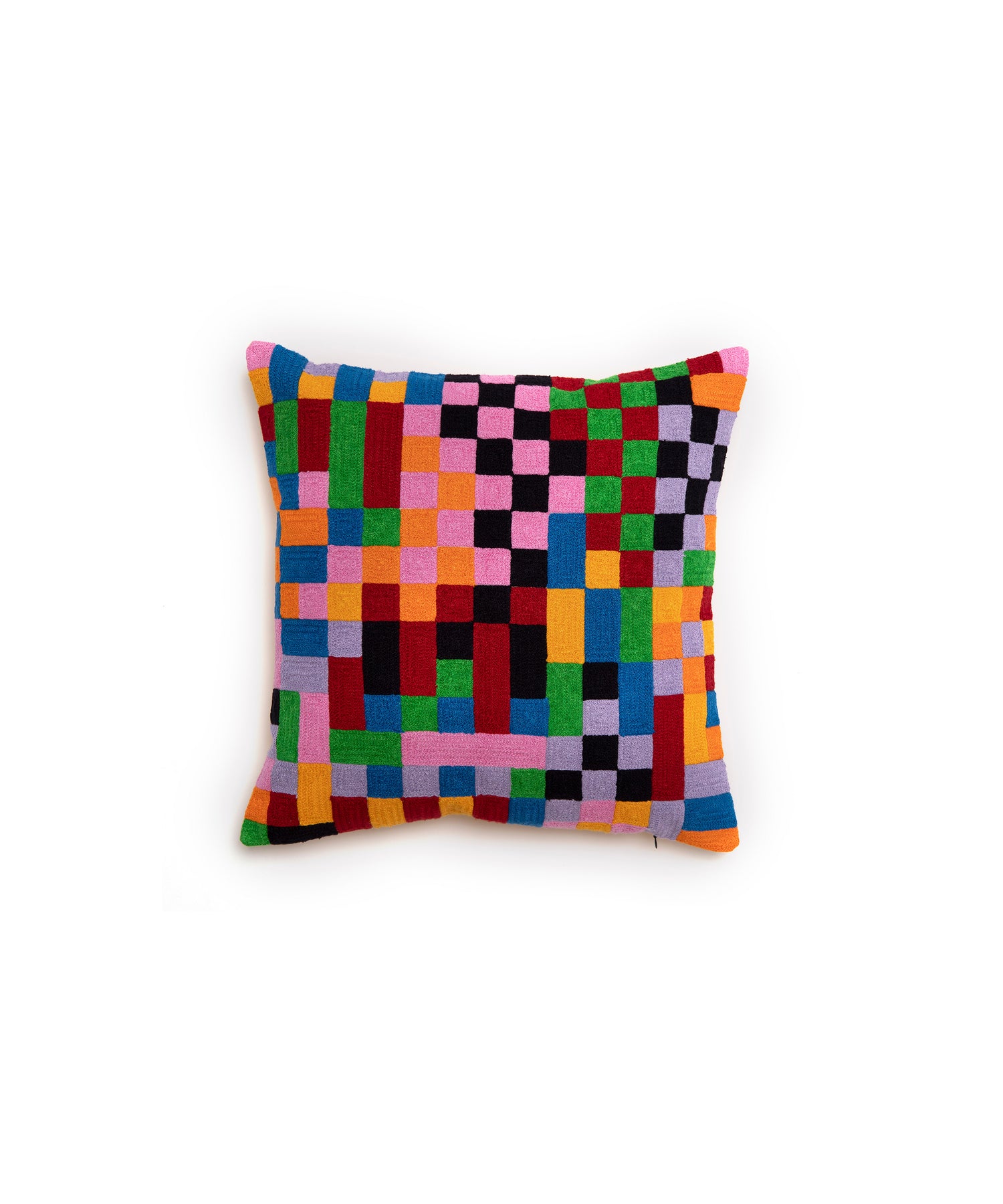 Image of the Pixels Pillow Cover with an abstract pixel design consisting of different sizes. These pixels are orange, yellow, pink, black, green, red, lavender and blue. Pillow cover is 100% cotton and measures 18 inches square. 