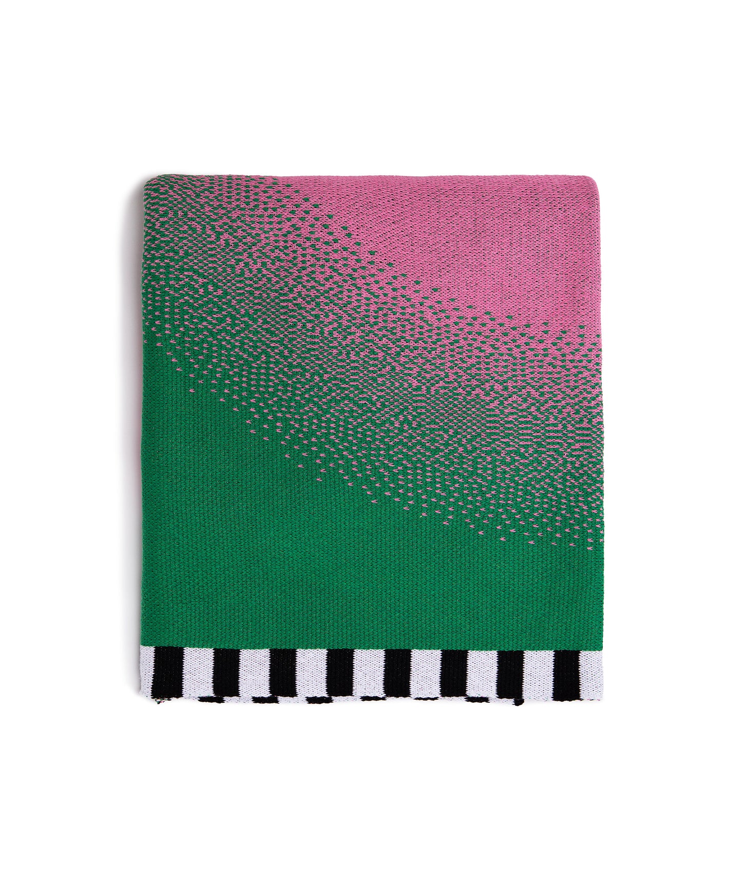 Detail image of Burst blanket showing how it looks folded into a square. Shows a close up of pink circle gradually fading into green background with the black and white strip border along the bottom.