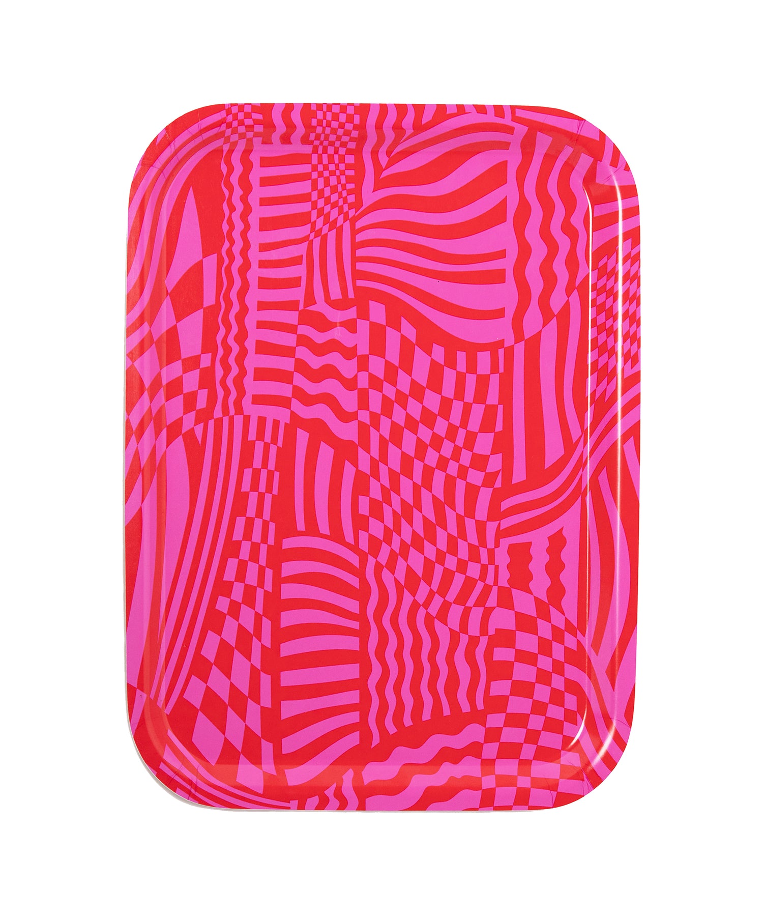 Image of the Wiggles and Waves Tray with a pink and red abstract design consisting of checkerboards, stripes and waves. Tray is approximately 14” x 11” and is made from ethically sourced birch.