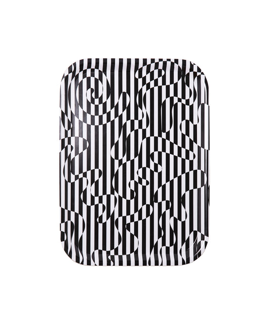 Image of the Dazzle Tray with a black and white stripe swirl design. Tray is approximately 10.5” x 8” and is made from ethically sourced birch.