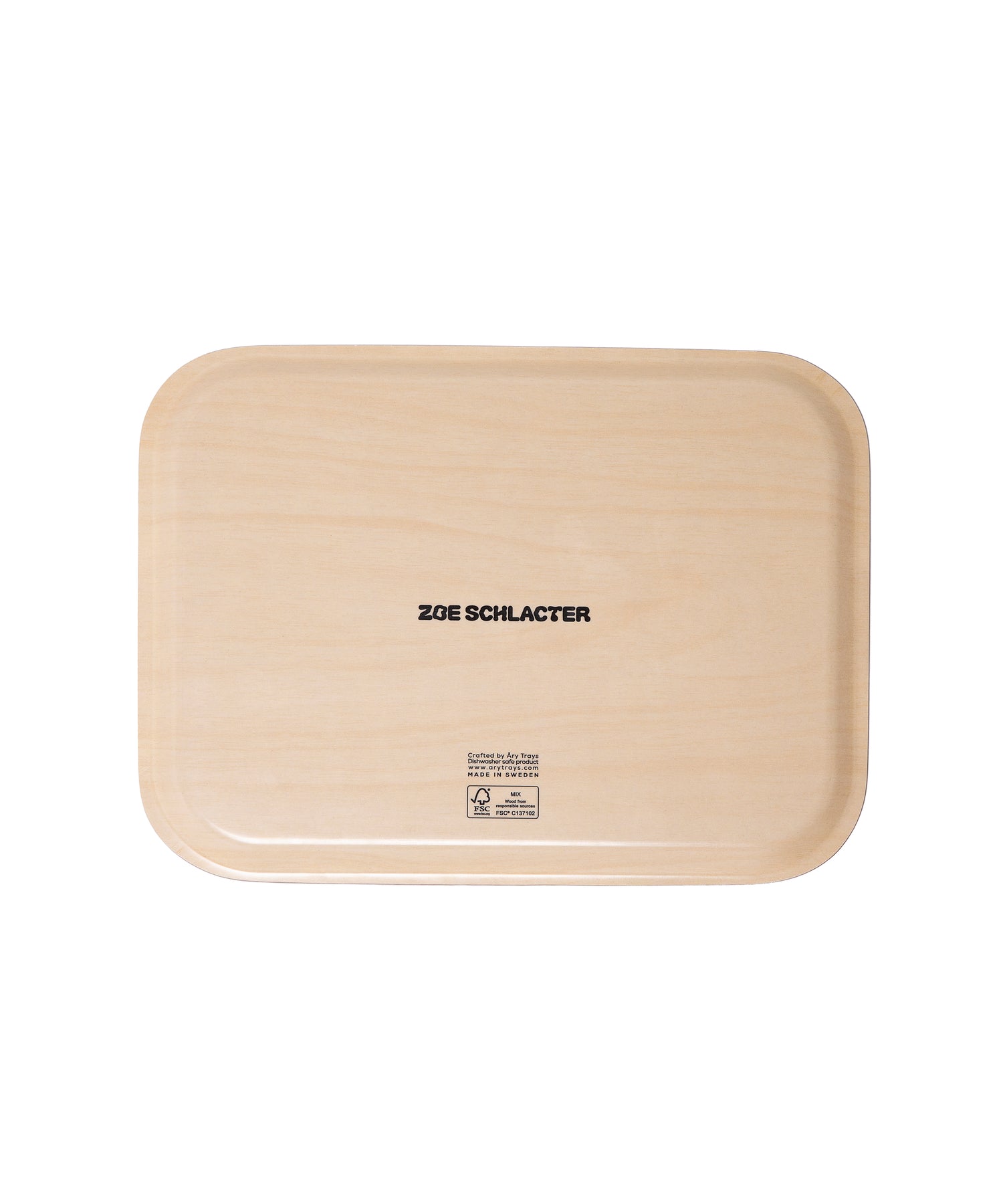 Detail of the back of the Dazzle Tray showing the light tan birch color with the Zoe Schlacter logo centered.