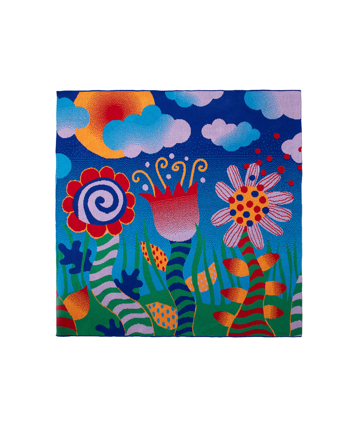 Image of Best Buds Blanket showing 3 flowers coming from bottom of the blanket with striped stems on a blue gradient background. Above the colorful flowers are blue clouds surrounding a red and orange sun sitting in the top left corner. Knit Blanket that is 60" by 60"